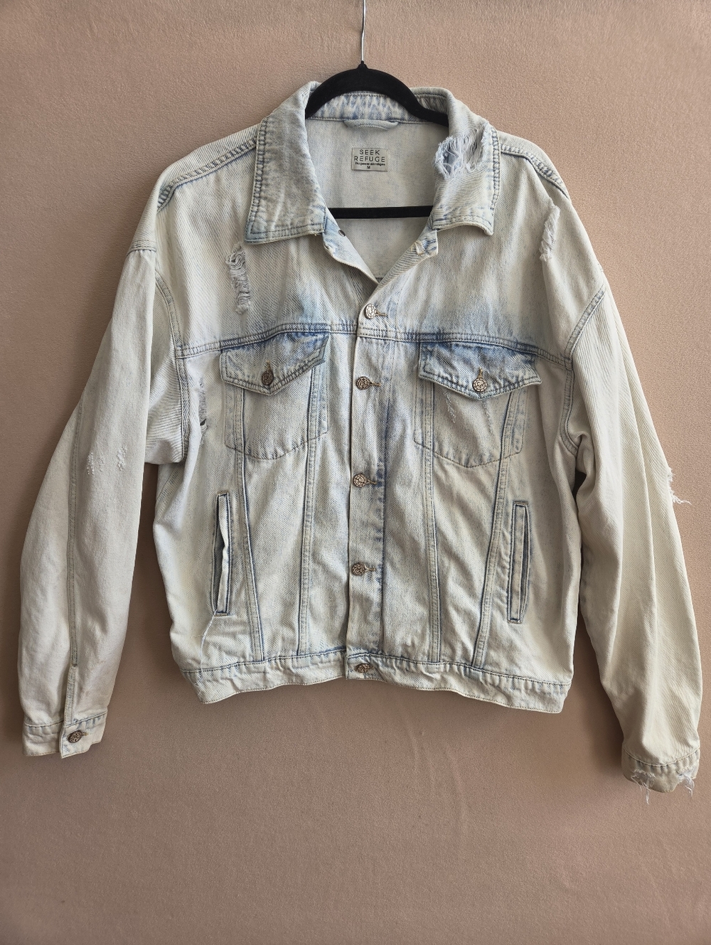 SEEK REFUGE Distressed Painted Denim Jean Jacket Size M